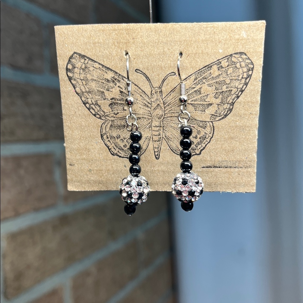 Handmade black glass beads with large sparkle Rhinestone Earrings - 2”Dangle